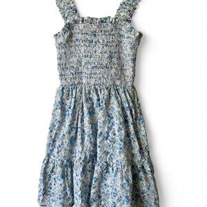 Aqua Floral Smocked Tiered Mini Dress Ruffle Straps Cotton Size XS
